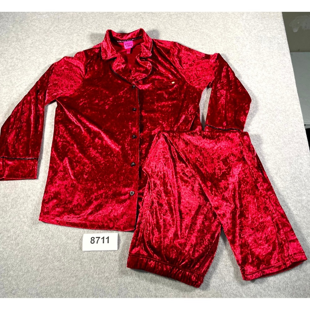 Betsey Johnson Pajama Set Womens XL Red‎ Crushed Velvet Heart Buttons Front